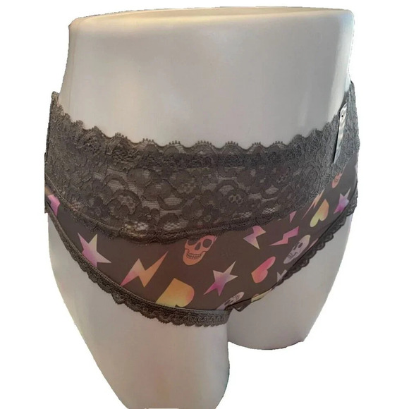Torrid 1 Gray Electric Skull-Heart Graphc Scallop Lace Waistband Thong Panties - Picture 3 of 5